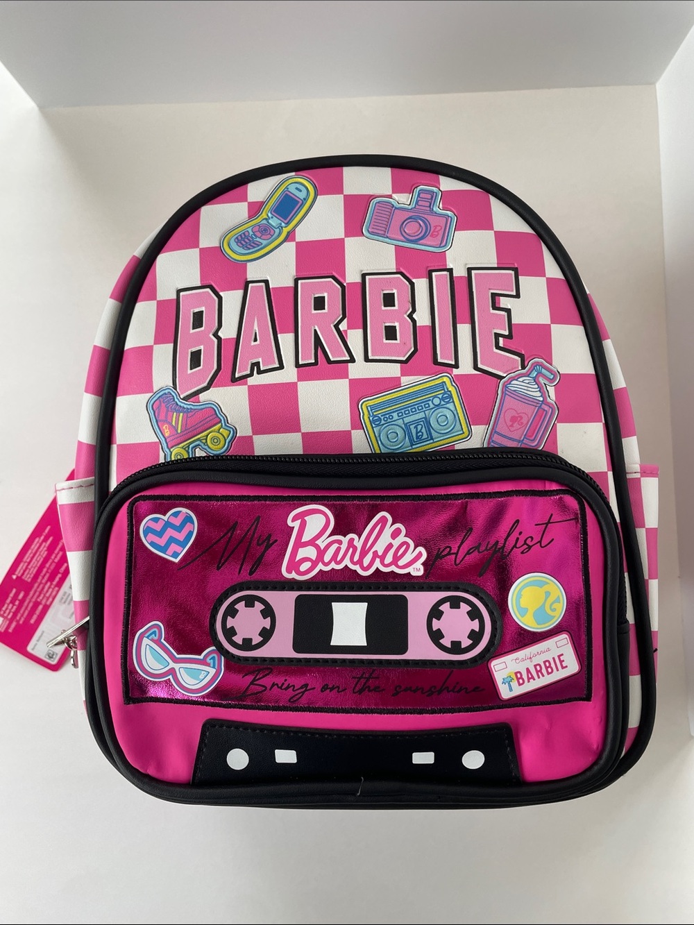 Barbie Retro Checkered Faux Leather Mini Backpack Pink Embossed NWT